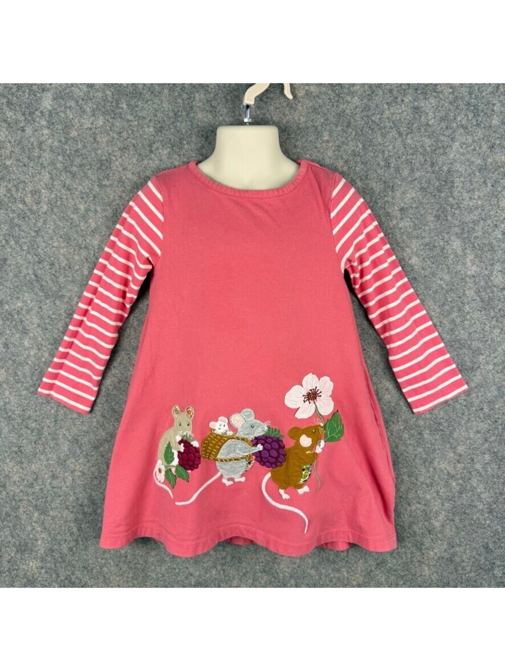 Mini Boden Girls Elsie Big Applique Mice Long Sleeve Dress Size 3-4 Pink 456